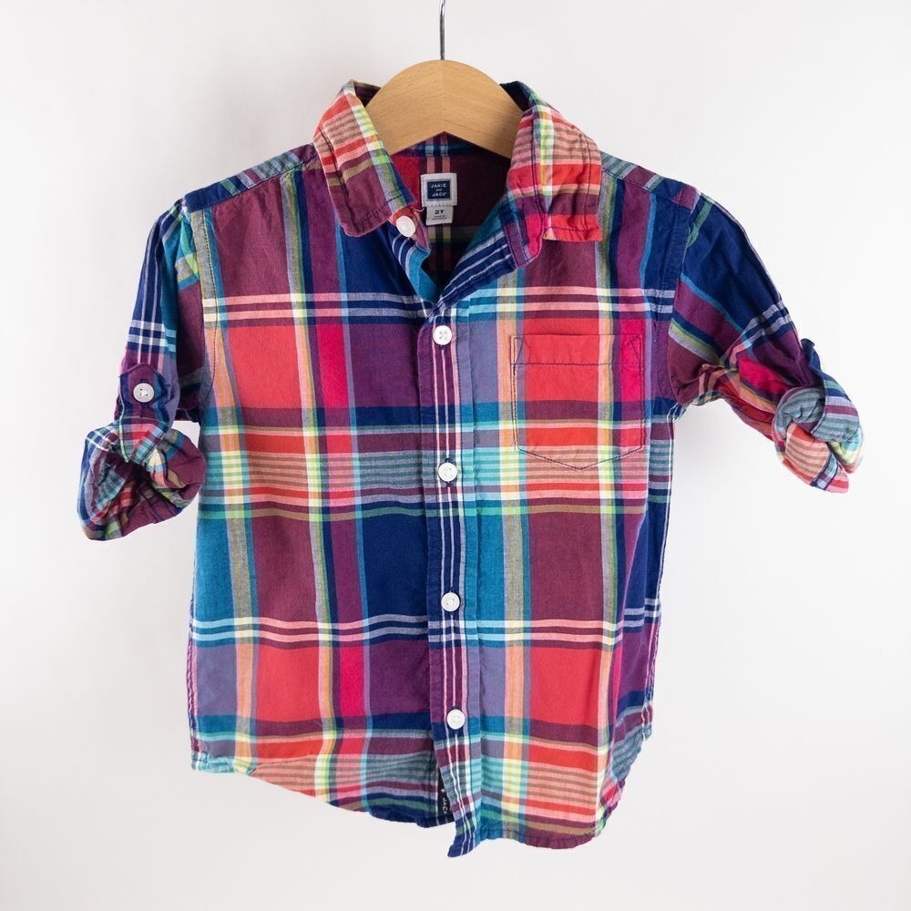 Janie and‎ Jack Plaid Button-Up Short Sleeve Shirt Red Blue Casual Boys 2T